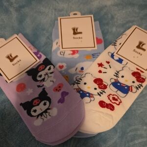 Disney Kids Socks - White, Light Blue, Lavender with Hello Kitty & Kuromi